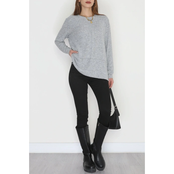 Yün Çilek Büyük Beden Bluz Gri - 51065.2114.