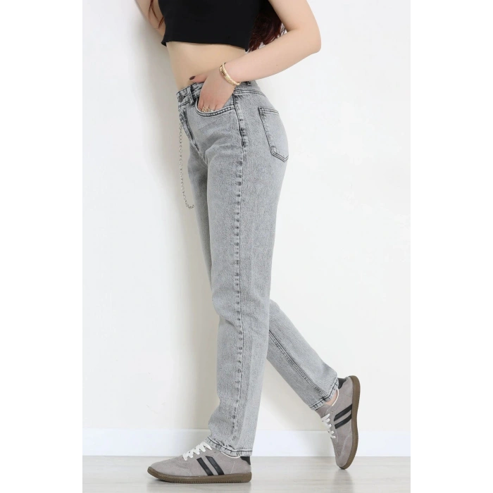 Zincir Detaylı Mom Kot Pantolon Gri - 9626968.1968.