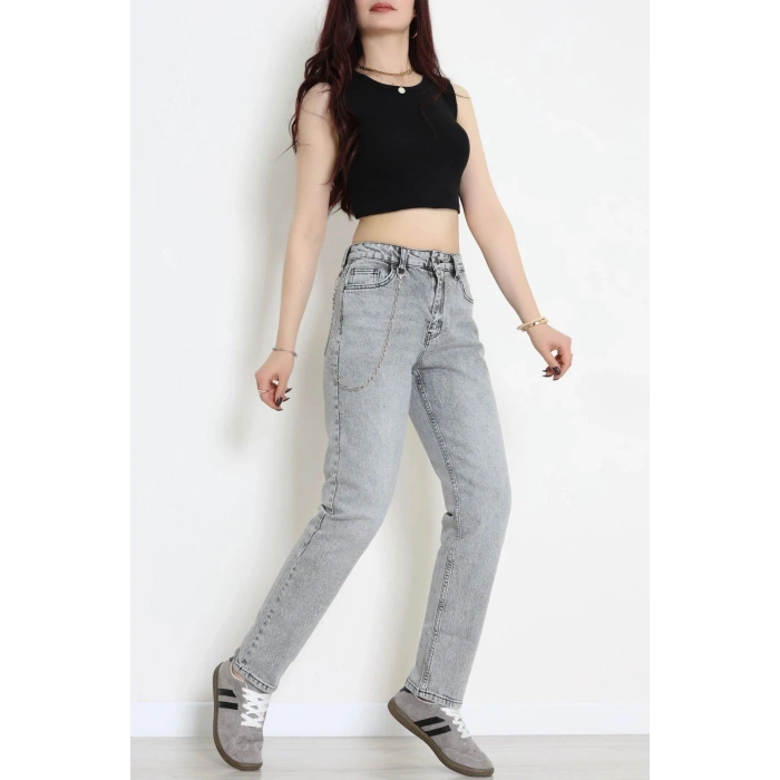 Zincir Detaylı Mom Kot Pantolon Gri - 9626968.1968.
