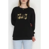 3 İplik Şardonlu Baskılı Taşlı Sweat Siyahsarı - 42604.1878.
