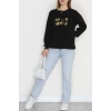 3 İplik Şardonlu Baskılı Taşlı Sweat Siyahsarı - 42604.1878.