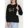3 İplik Şardonlu Baskılı Taşlı Sweat Siyahsarı - 42604.1878.