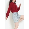 3 İplik Şardonsuz Balon Kol Crop Sweat Bordo - 80773.1878.