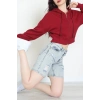 3 İplik Şardonsuz Balon Kol Crop Sweat Bordo - 80773.1878.