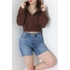 3 İplik Şardonsuz Balon Kol Crop Sweat Kahve - 80773.1878.