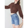 3 İplik Şardonsuz Balon Kol Crop Sweat Kahve - 80773.1878.