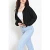 3 İplik Şardonsuz Balon Kol Crop Sweat Siyah - 80773.1878.