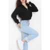 3 İplik Şardonsuz Balon Kol Crop Sweat Siyah - 80773.1878.