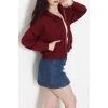 3 İplik Şardonsuz Fermuarlı Cepli Crop Sweat Bordo - 80774.1878.