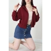 3 İplik Şardonsuz Fermuarlı Cepli Crop Sweat Bordo - 80774.1878.