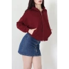 3 İplik Şardonsuz Fermuarlı Cepli Crop Sweat Bordo - 80774.1878.