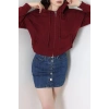 3 İplik Şardonsuz Fermuarlı Cepli Crop Sweat Bordo - 80774.1878.