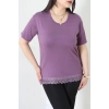 Eteği Dantelli Büyük Beden Viskon Bluz Lila - 71468.2080.