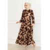 Eteği Kloş Desenli Elbise KAHVE VİZON