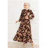 Eteği Kloş Desenli Elbise KAHVE VİZON