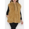 Fermuarlı Kapşonlu Peluş Yelek Camel - 51059.701.
