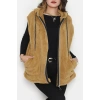 Fermuarlı Kapşonlu Peluş Yelek Camel - 51059.701.