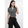 Gömlek Yaka Çizgili Triko Bluz Siyah