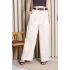 Kemerli Pamuk Gabardin Wide Leg Pantolon Krem - 32428.1397.