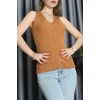 Kolsuz Düğmeli Triko Bluz Camel - 71761.444.