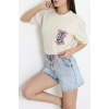 Kompak Penye Baskılı Unisex Oversize Tişört Bejfuşya - 55135.1872.
