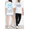Kompak Penye Baskılı Unisex Oversize Tişört Beyazmavi - 55135.1872.