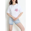 Kompak Penye Baskılı Unisex Oversize Tişört Beyazpembe - 55135.1872.