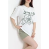 Kompak Penye Baskılı Unisex Oversize Tişört Beyazyeşil - 55135.1872.
