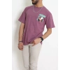 Kompak Penye Baskılı Unisex Oversize Tişört Mürdümsiyah - 55135.1872.