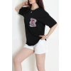 Kompak Penye Baskılı Unisex Oversize Tişört Siyahfuşya - 55135.1872.