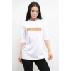 Moda Çizgi Bisiklet Yaka Oversize Tshirt Beyaz