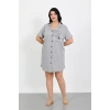 Moda Çizgi Büyük Beden Penye Düğmeli Gri Tunik Gecelik 1025