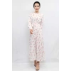 Moda Çizgi Çiçek Desenli Elbise Ekru