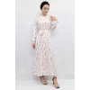 Moda Çizgi Çiçek Desenli Elbise Ekru