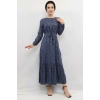 Moda Çizgi Çiçek Desenli Elbise İndigo