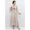 Moda Çizgi Çiçek Desenli  Pileli Elbise Bej
