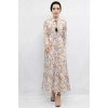 Moda Çizgi Çiçek Desenli  Pileli Elbise Bej