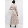 Moda Çizgi Çiçek Desenli  Pileli Elbise Bej