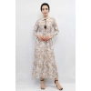 Moda Çizgi Çiçek Desenli  Pileli Elbise Bej