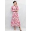 Moda Çizgi Çiçek Desenli  Pileli Elbise Fuşya