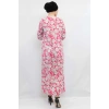 Moda Çizgi Çiçek Desenli  Pileli Elbise Fuşya