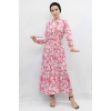 Moda Çizgi Çiçek Desenli  Pileli Elbise Fuşya