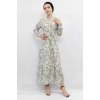 Moda Çizgi Çiçek Desenli  Pileli Elbise Mint