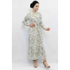 Moda Çizgi Çiçek Desenli  Pileli Elbise Mint