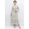 Moda Çizgi Çiçek Desenli  Pileli Elbise Mint