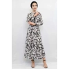 Moda Çizgi Çiçek Desenli  Pileli Elbise Siyah