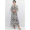 Moda Çizgi Çiçek Desenli  Pileli Elbise Siyah