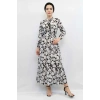 Moda Çizgi Çiçek Desenli  Pileli Elbise Siyah