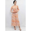 Moda Çizgi Çiçek Desenli  Pileli Elbise Turuncu