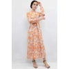 Moda Çizgi Çiçek Desenli  Pileli Elbise Turuncu